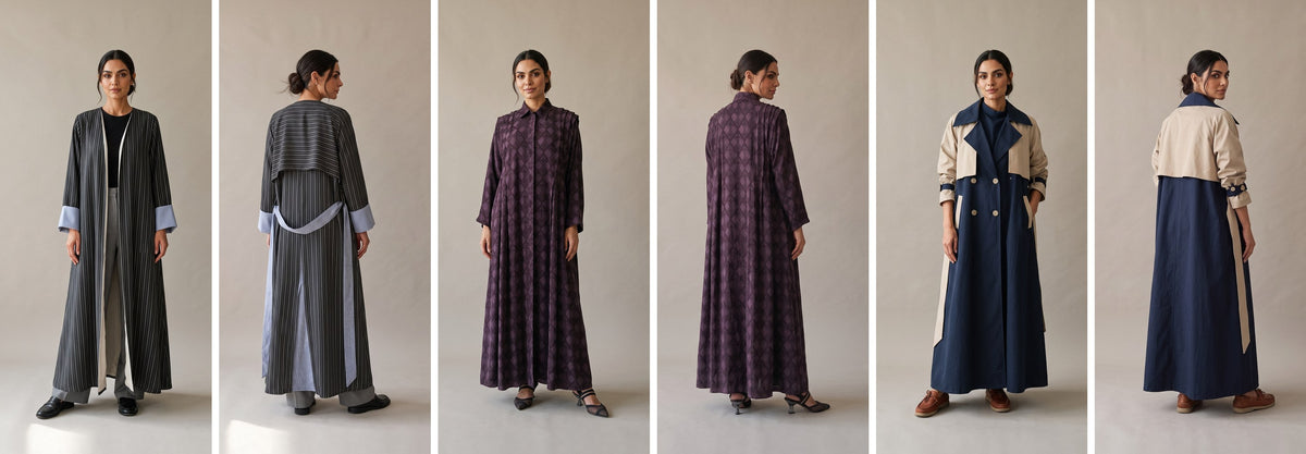 Three of our newest designs, each shown from the front and the back: the Striped Silk Crepe Abaya, the Purple Printed Silk Crepe Abaya and the Navy & Beige Trench Coat Abaya.