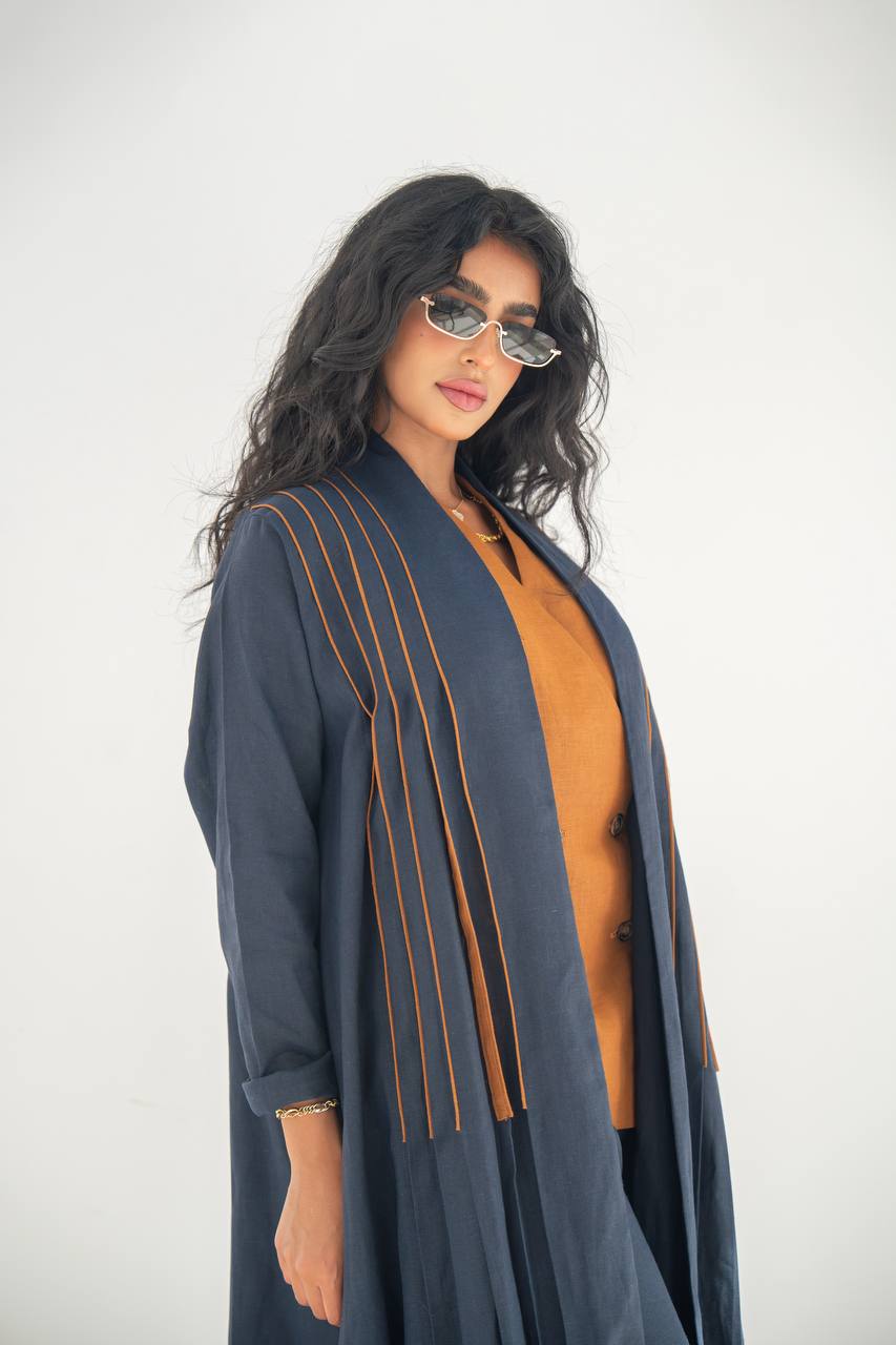 Navy blue linen abaya with inner set C:6637