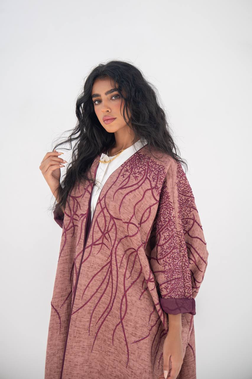 Flesh-colored linen bisht abaya with beading and embroidery C:6648