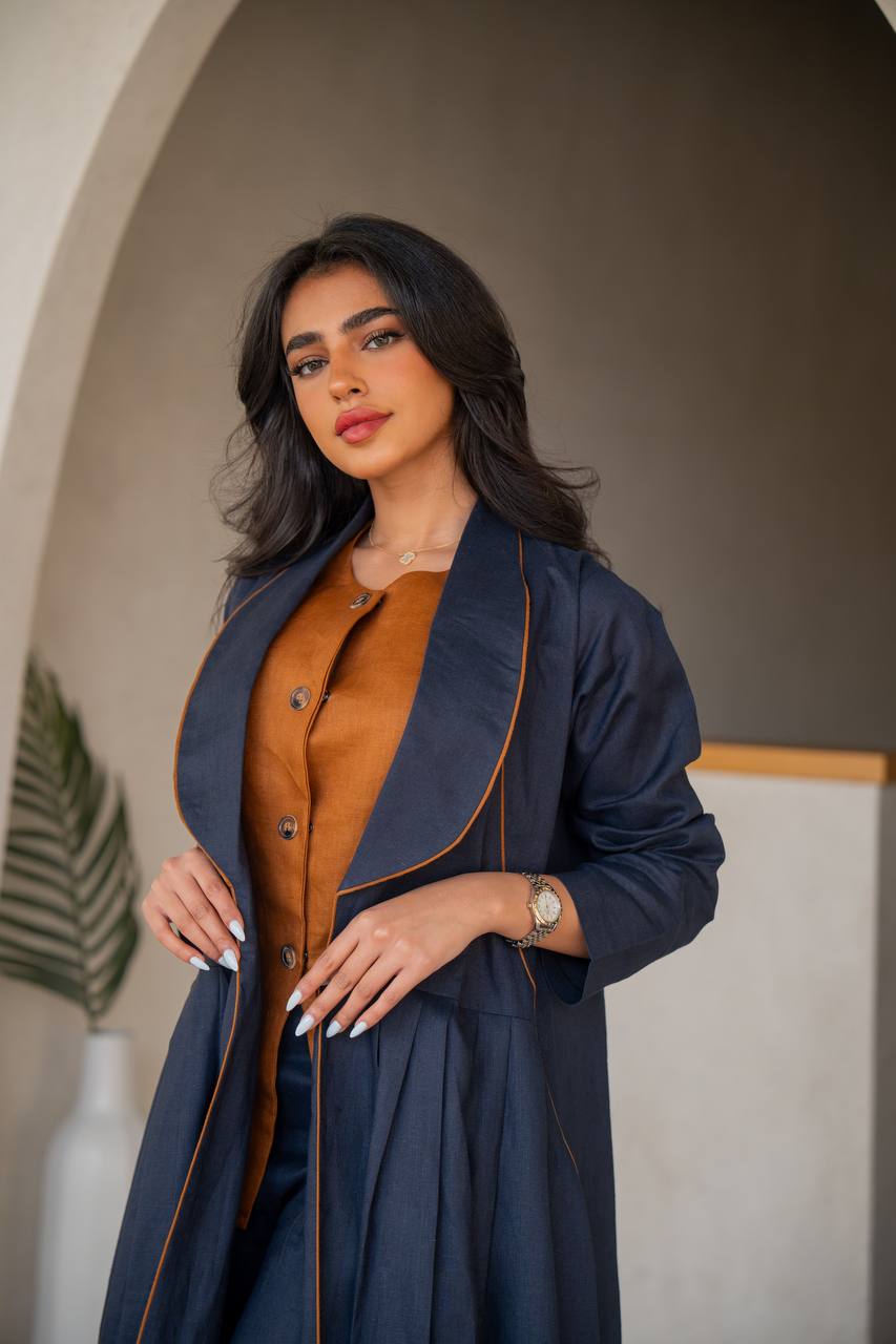 Navy blue linen abaya with inner set C:6633 Blue