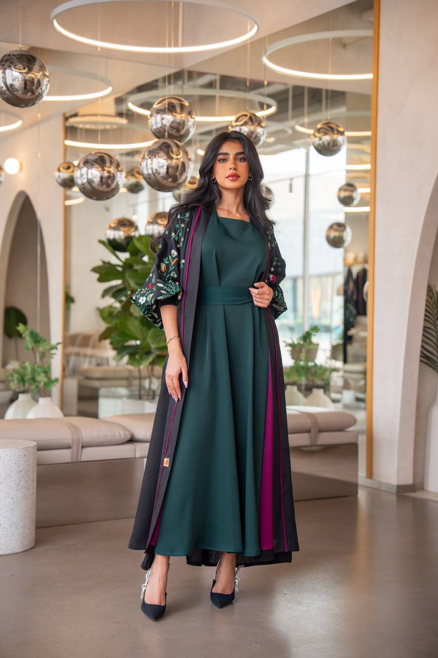 Free size black linen abaya with embroidery C:6631 GREEN (Free size)