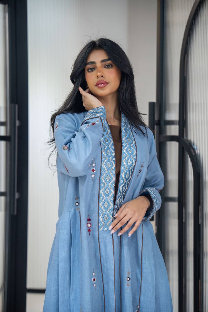 Sky blue linen abaya with embroidery C:6623 Blue