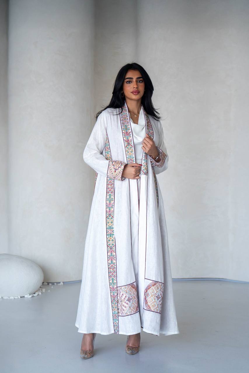 White Lenin Abaya with embroidery C:6589 White