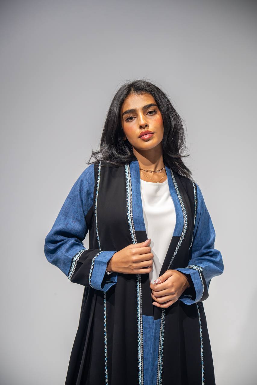 Black crepe abaya with blue linen, with embroidery. C:6672