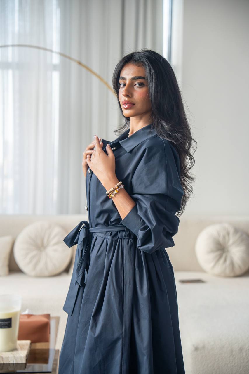 Elegant free size trench coat, in navy blue . C:6685 Navy