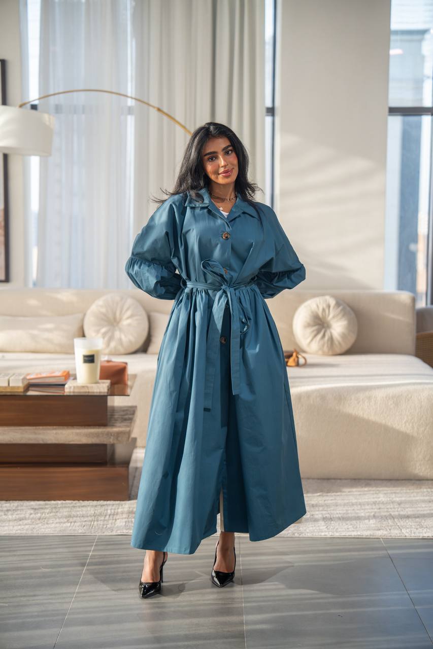Free size trench coat in blue. C:6685 Blue
