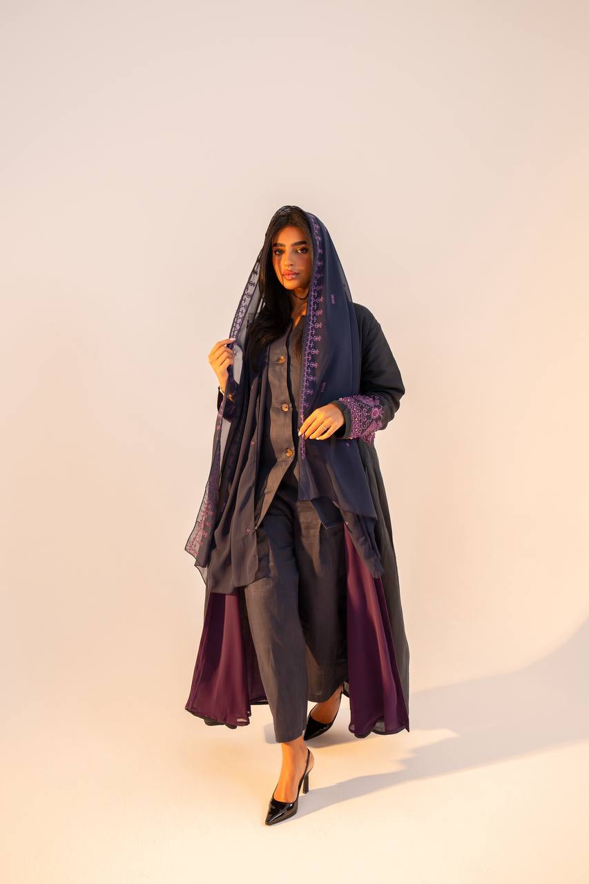 Navy blue linen abaya with purple embroidery. C:6691