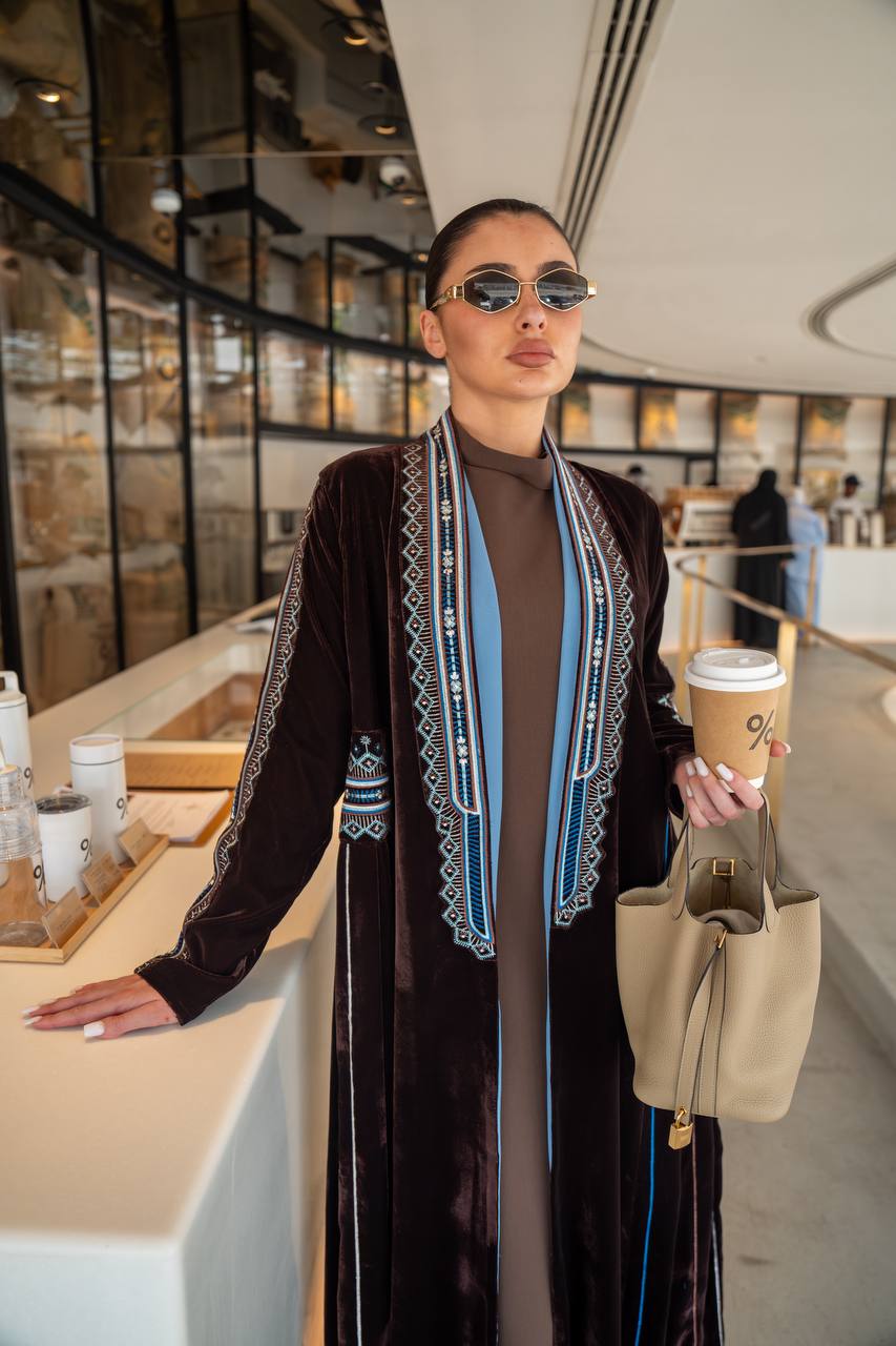 Brown velvet abaya with embroidery.C:6702