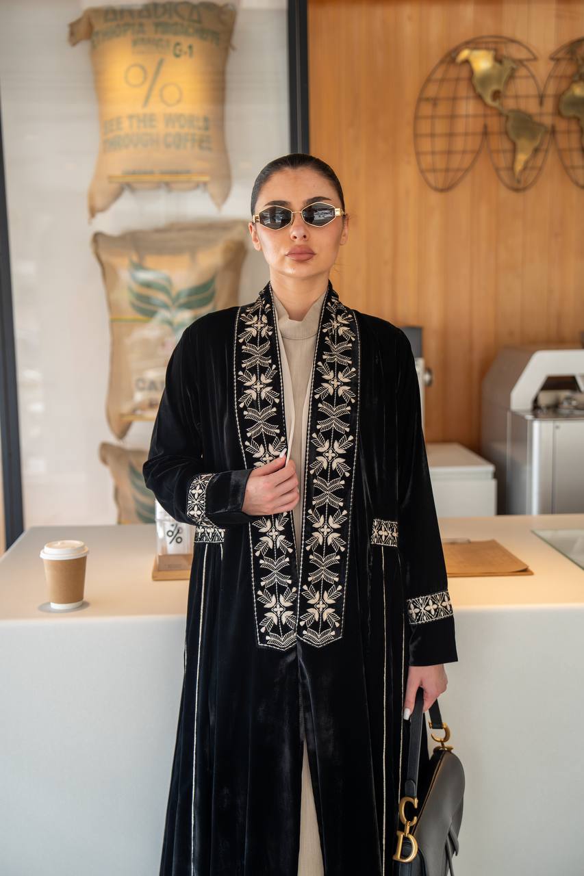 Black velvet abaya with embroidery.C:6700
