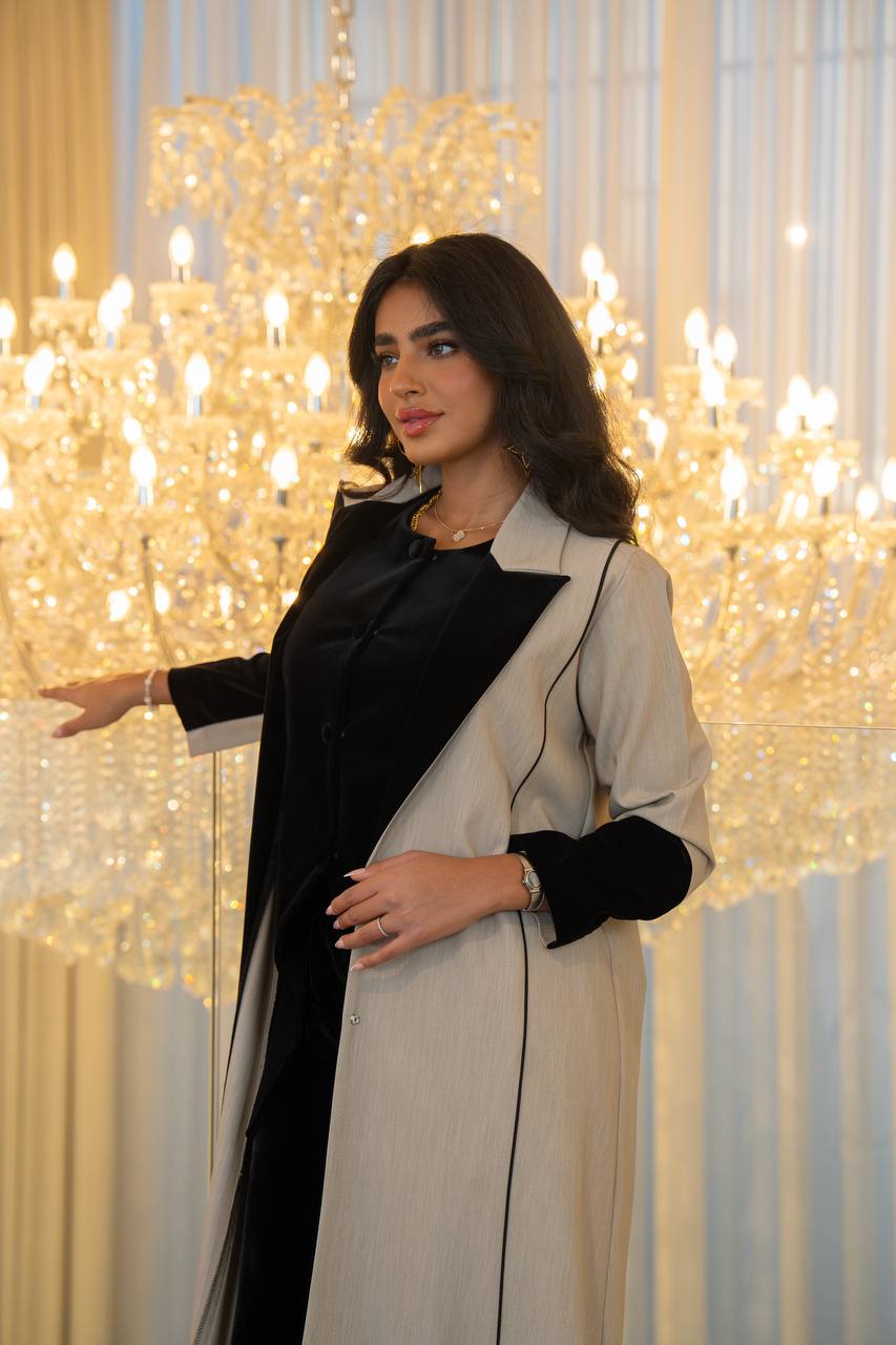 Beige crepe abaya with black velvet.C:6704