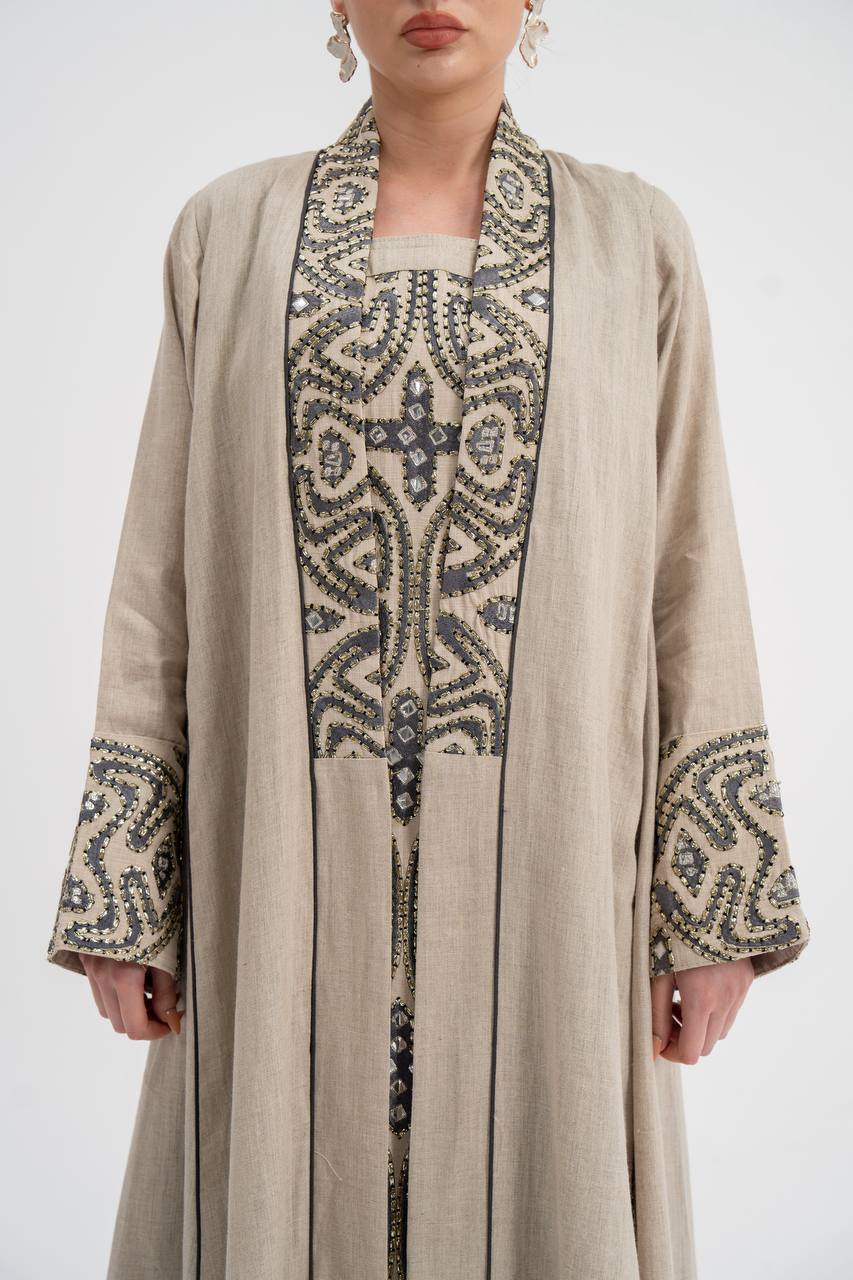Linen abaya with beige embroidery (with inner set). C:6741