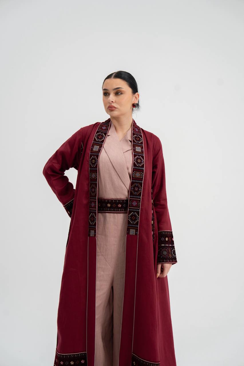 Red linen abaya with embroidery. C:6746
