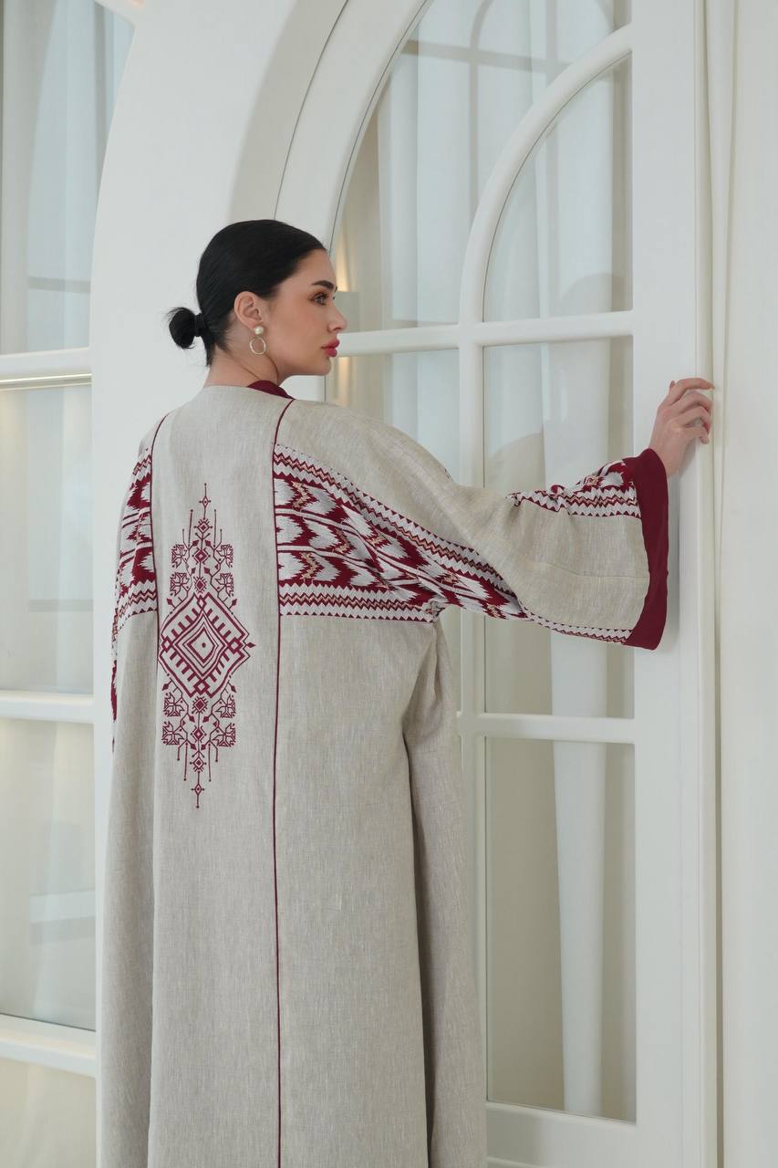 Beige linen abaya with embroidery. C:6757