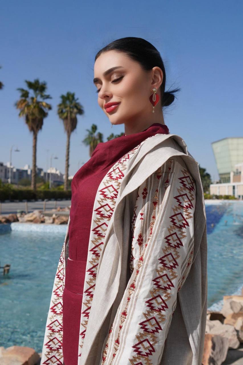 Beige linen abaya with embroidery. C:6758