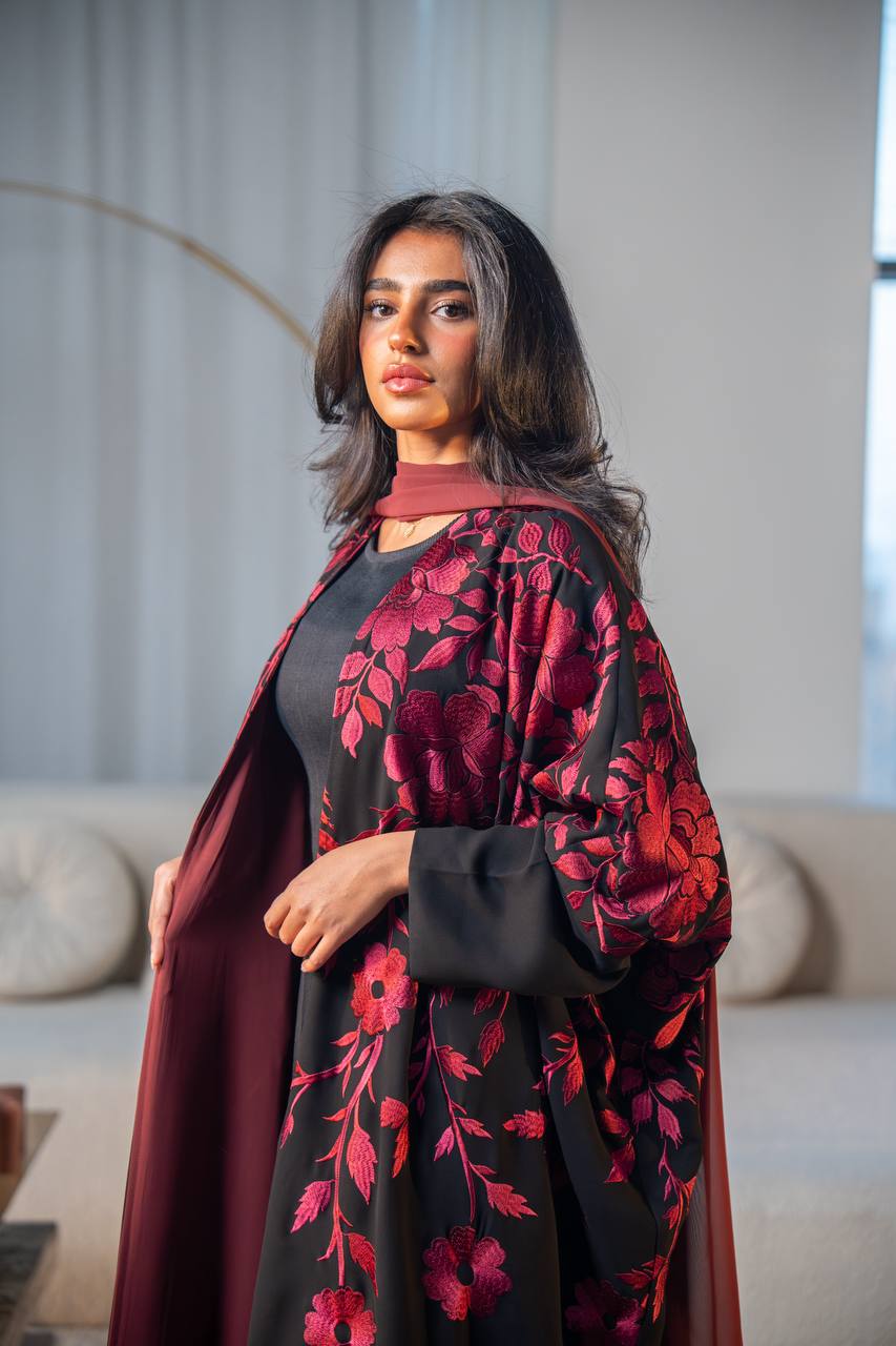 Black crepe abaya with red embroidery.C:6689