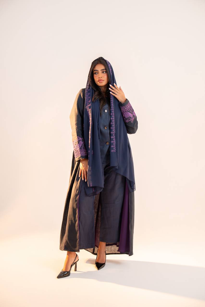 Navy blue linen abaya with purple embroidery. C:6691