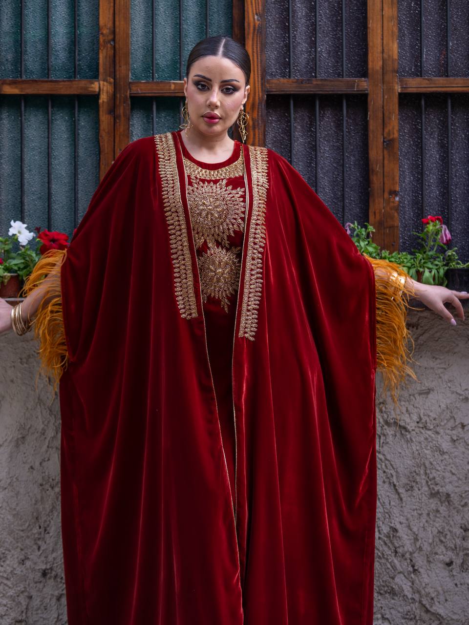 Bisht and dress set in burgundy velvet with hand embellishment.C:6714