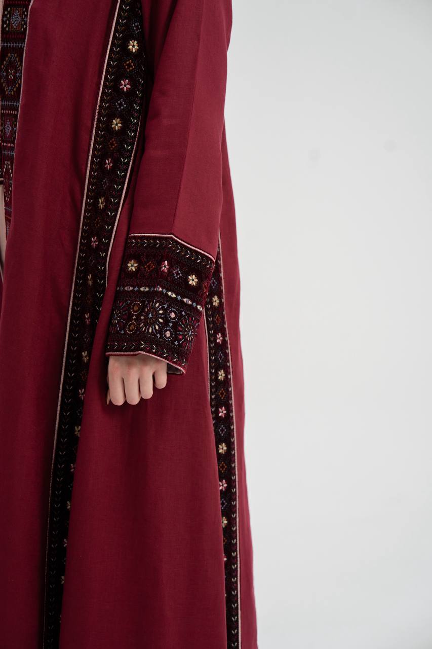 Red linen abaya with embroidery. C:6746
