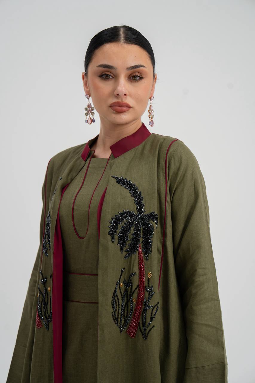 Linen abaya in olive green with hand embroidery (with inner set). C:6748