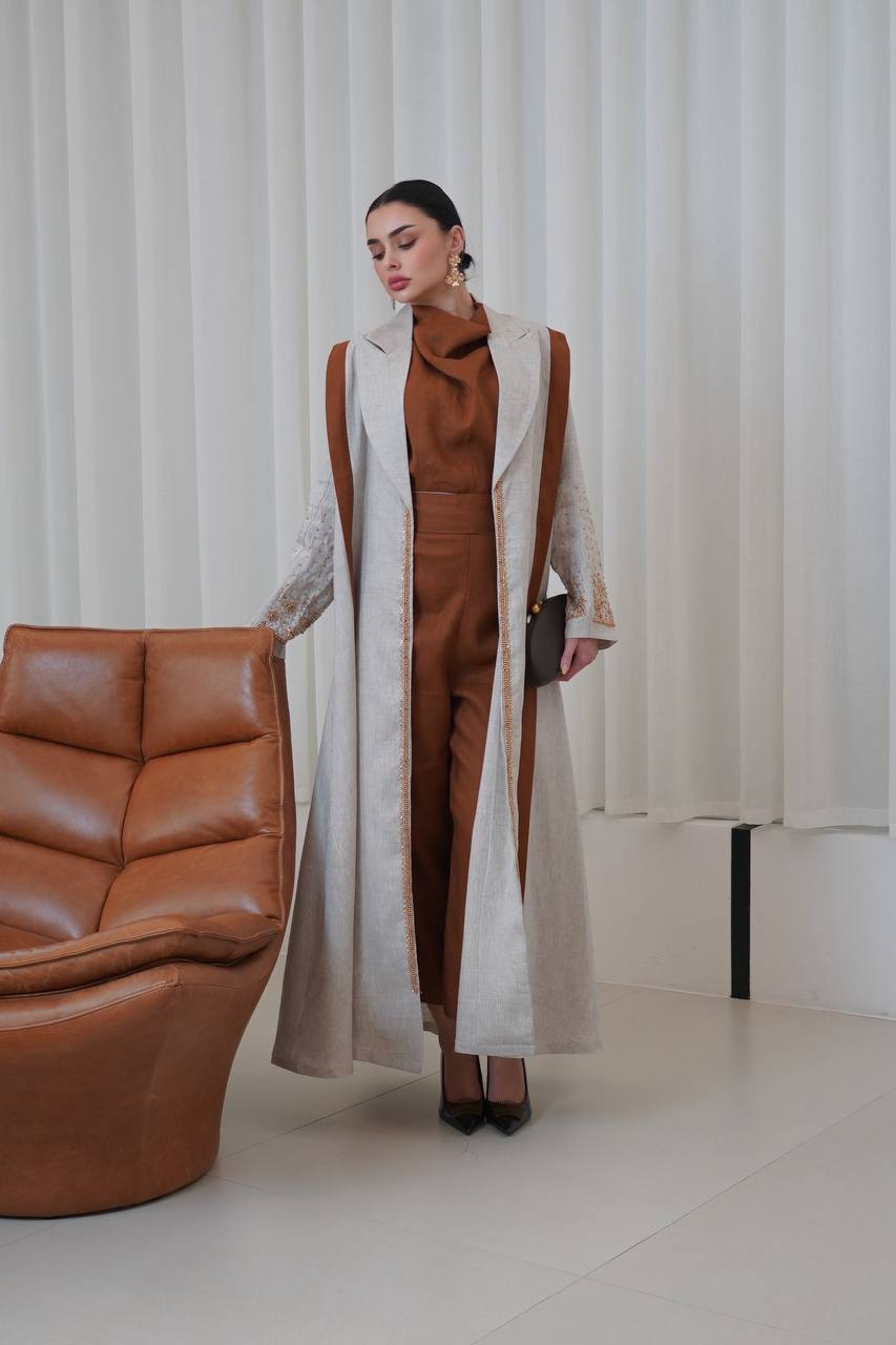 Beige linen blazer abaya with hand-stitched details.C:6751