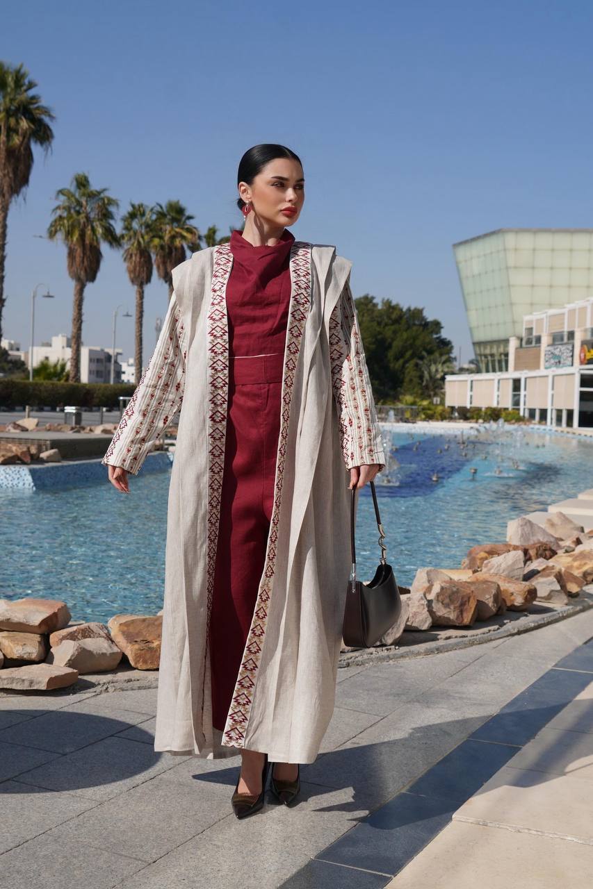 Beige linen abaya with embroidery. C:6758