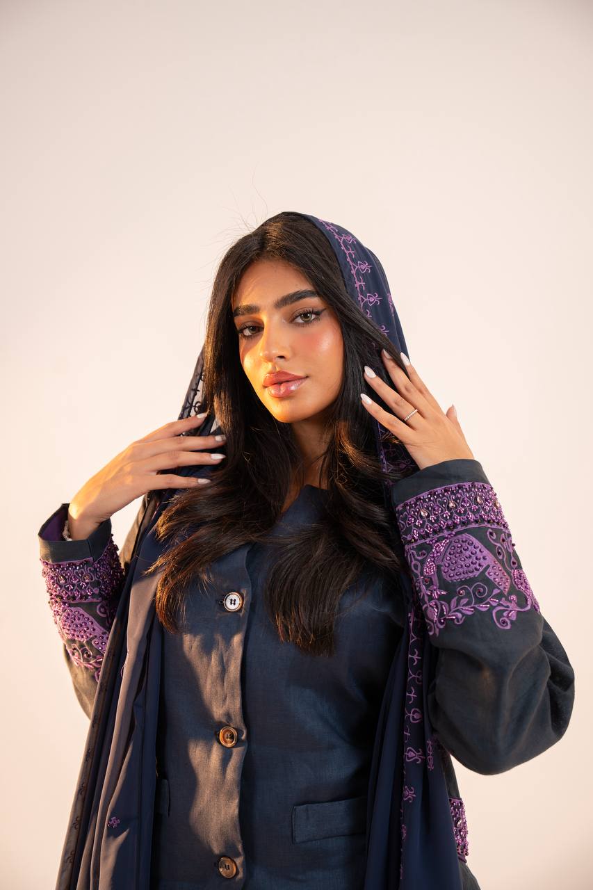 Navy blue linen abaya with purple embroidery. C:6691
