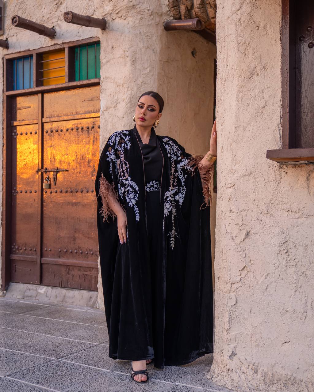 Velvet bisht and jumpsuit set in black with hand embellishment.C:6719