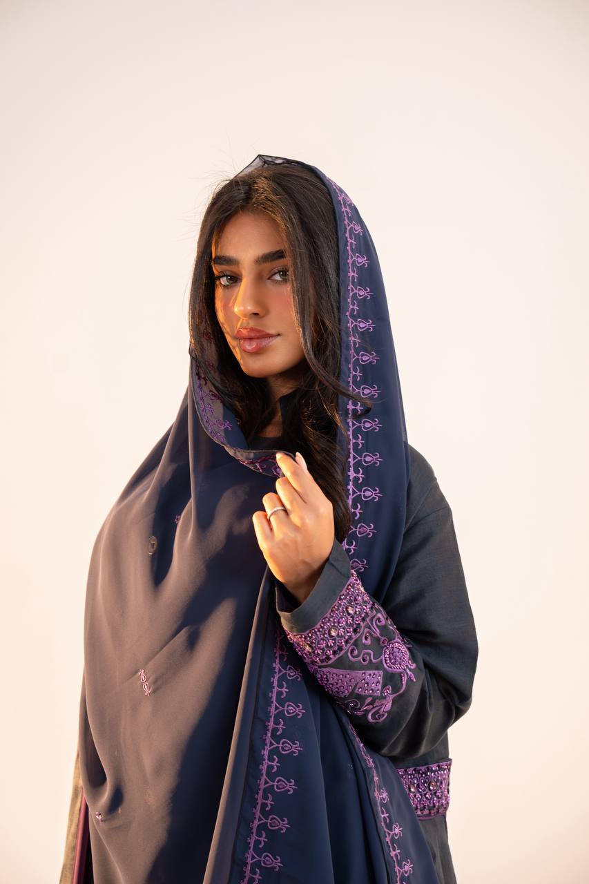 Navy blue linen abaya with purple embroidery. C:6691