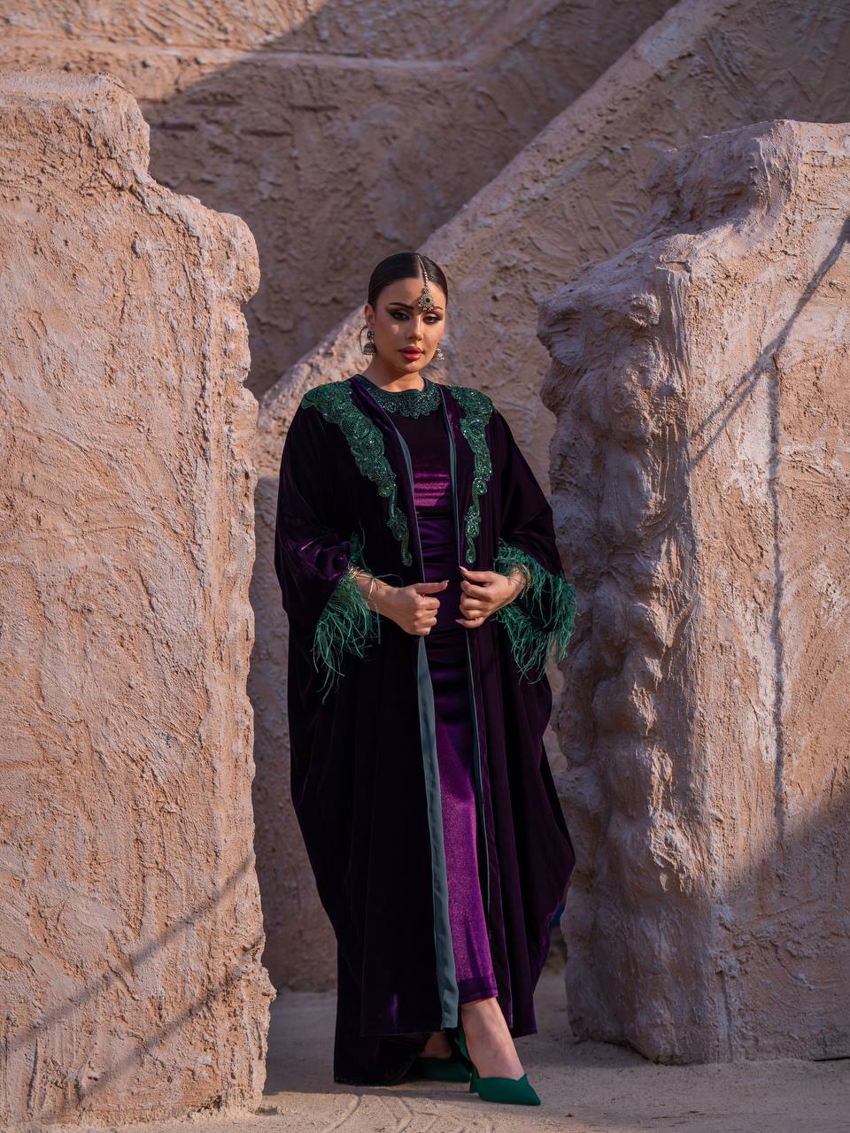Velvet bisht and dress set in royal purple with hand embellishment.C:6715