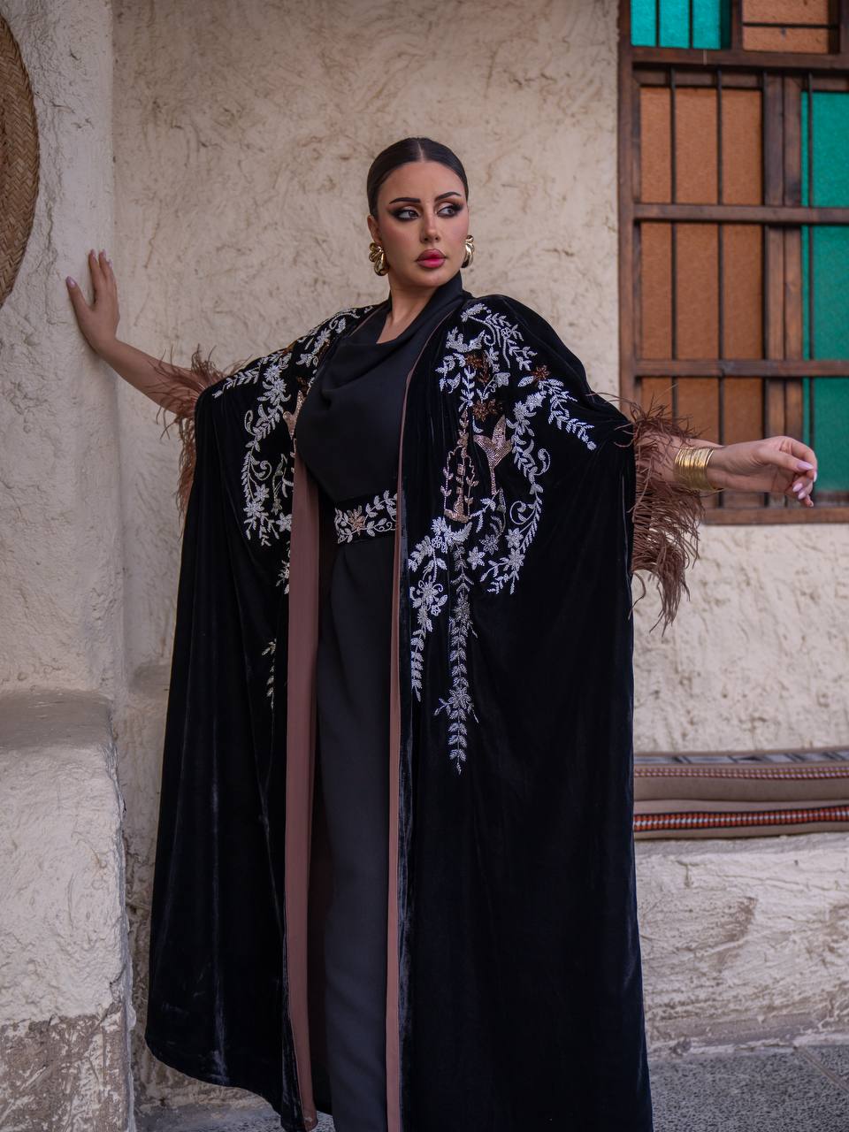 Velvet bisht and jumpsuit set in black with hand embellishment.C:6719