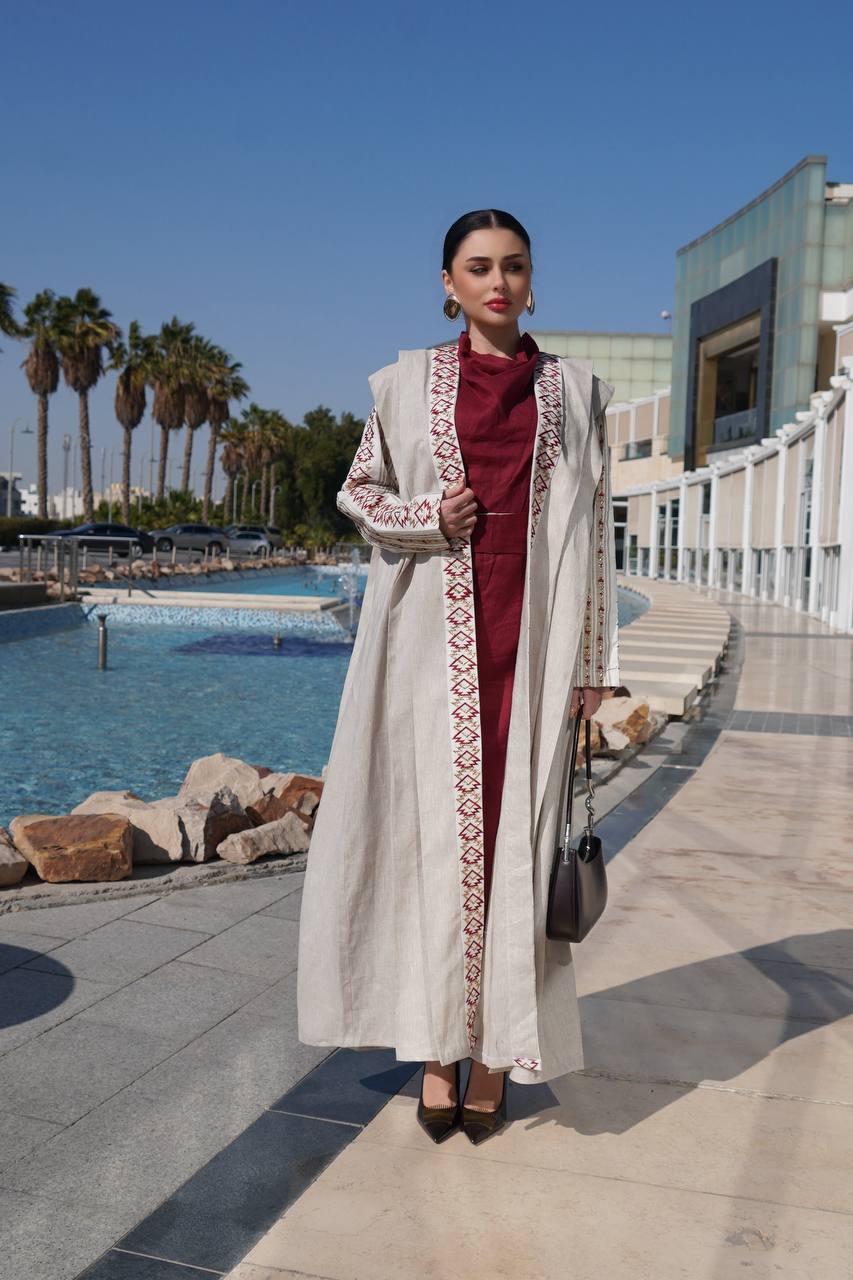 Beige linen abaya with embroidery. C:6758