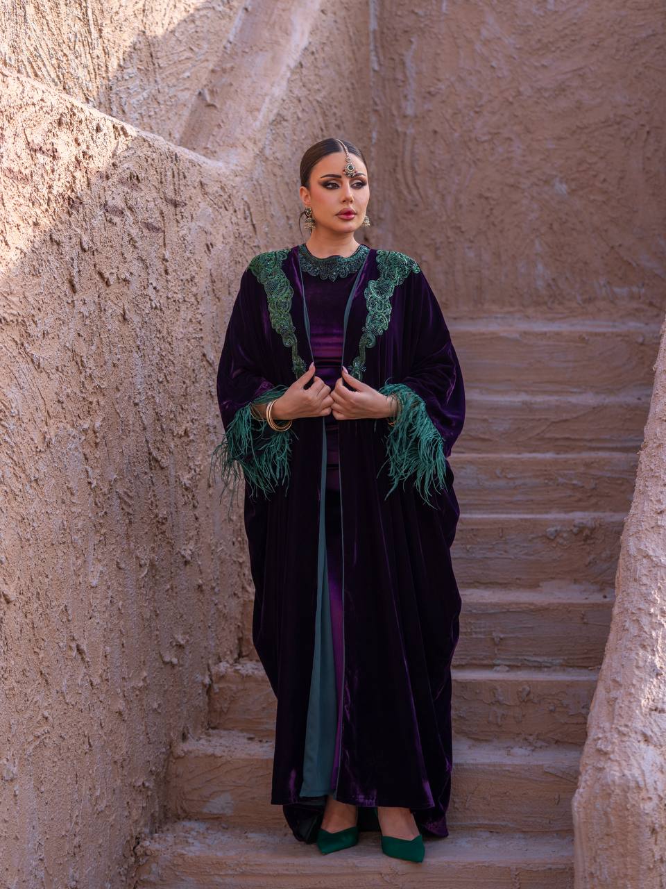 Velvet bisht and dress set in royal purple with hand embellishment.C:6715