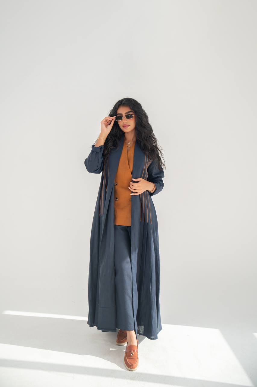 Navy blue linen abaya with inner set C:6637