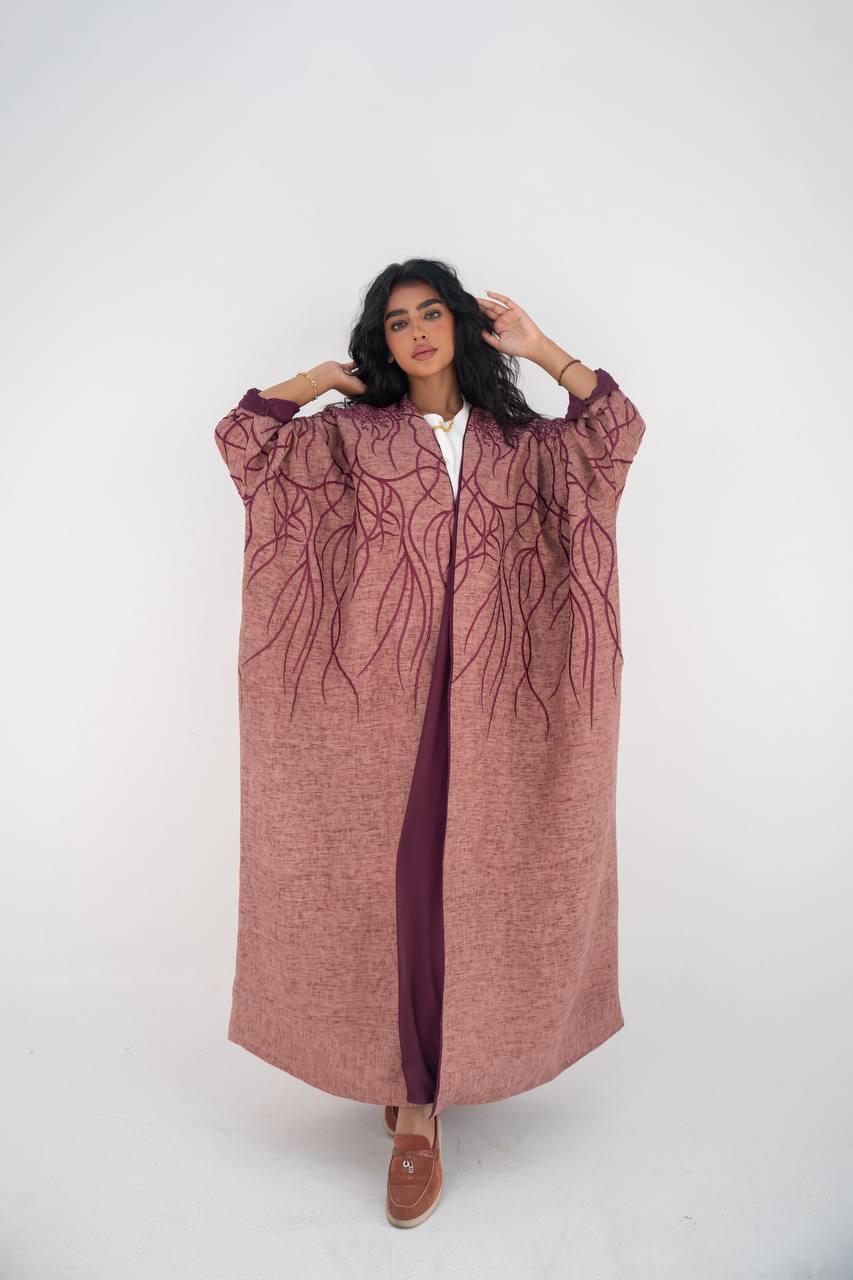 Flesh-colored linen bisht abaya with beading and embroidery C:6648