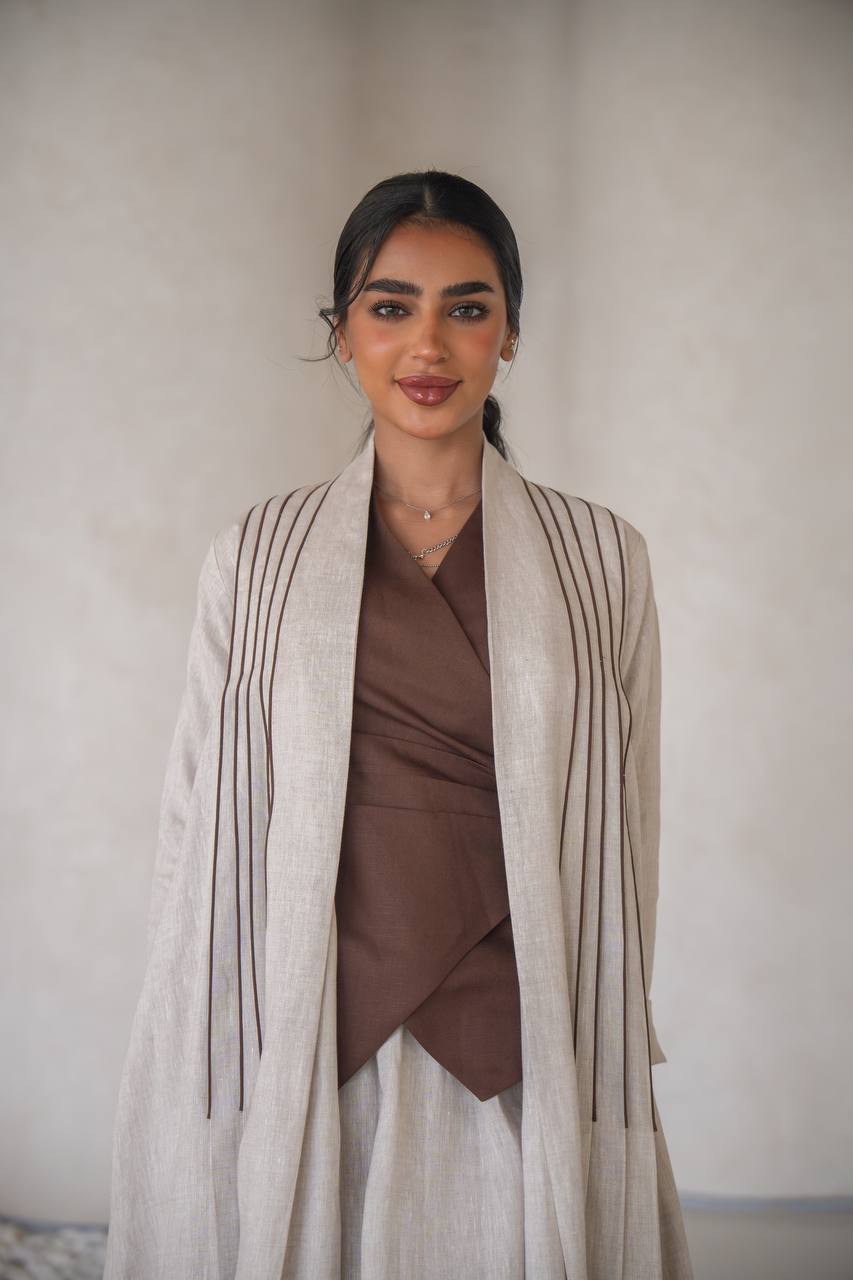 Abaya with a blouse and skirt made of natural linen C:6637 Beige