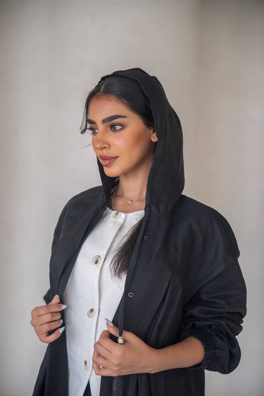 عباية سوداء مع طقم داخلي، مصنوعة من الكتان C:6634 أسود