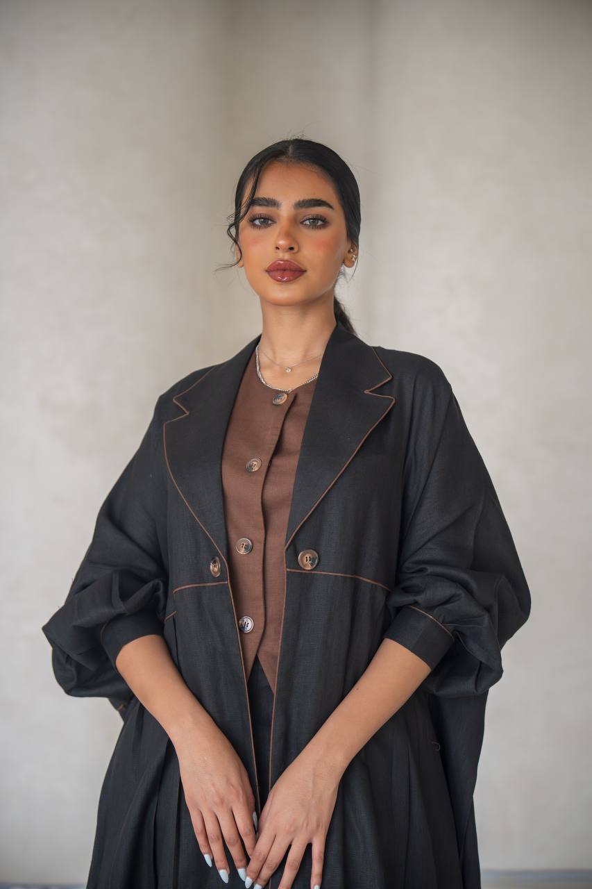 Free size black abaya with inner set, linen C:6641 (free size)