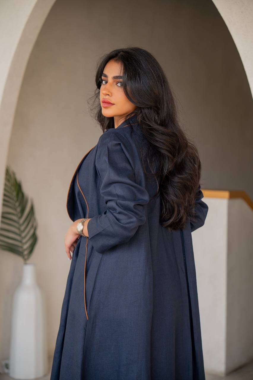 Navy blue linen abaya with inner set C:6633 Blue