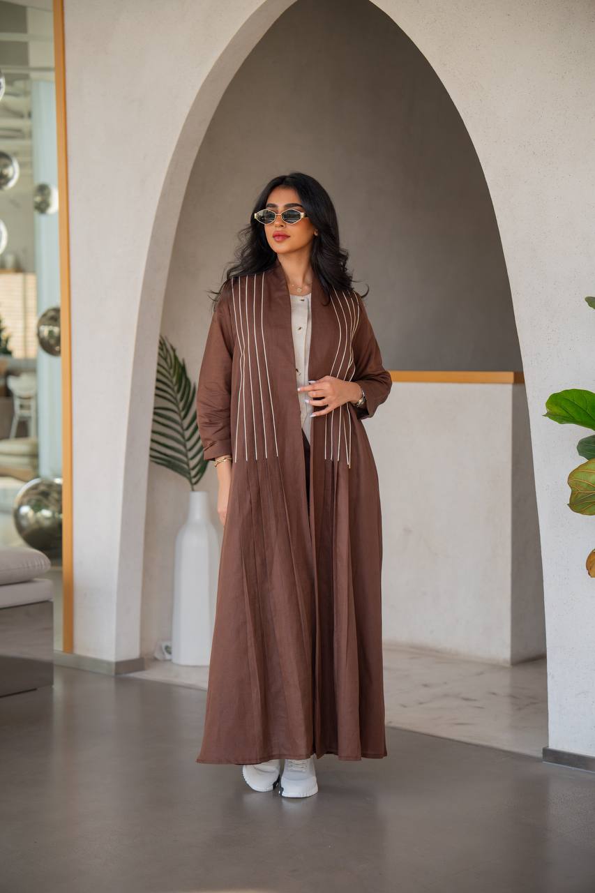 Abaya with inner set made of linen, brown with beige inserts C:6637