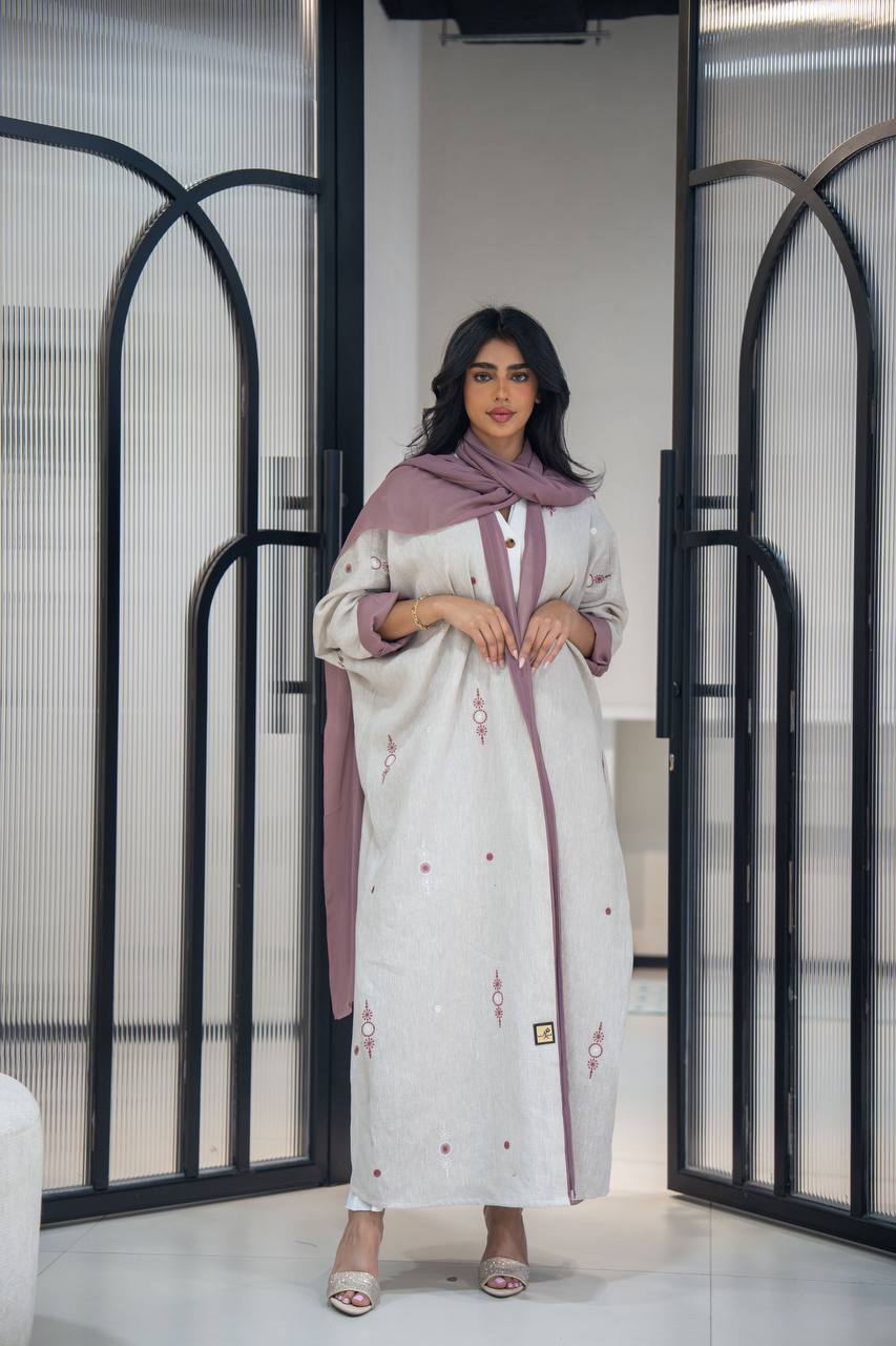 Light beige linen abaya with embroidery C:6622 Beige (Free size)