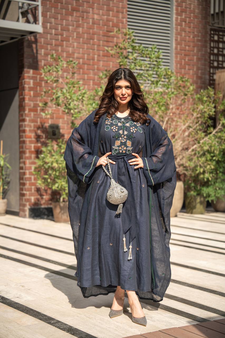 Bisht made of hessian material and linen dress, in navy blue with hand embroidery C:6619