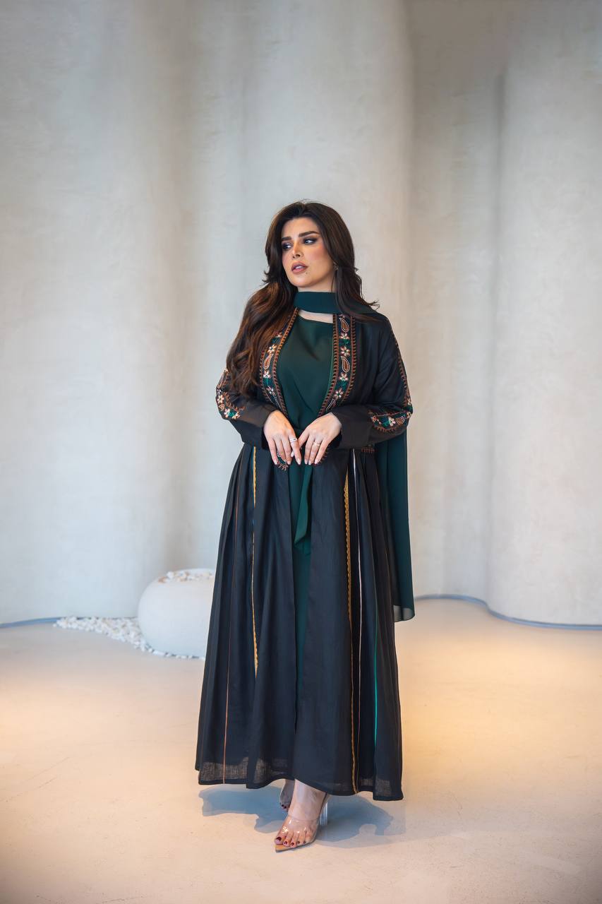 Black linen abaya with embroidery C:6620