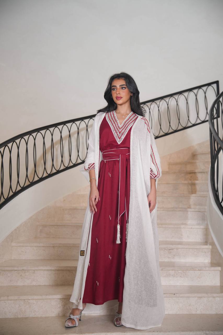 White burlap bisht with burgundy linen dress with embroidery C:6613