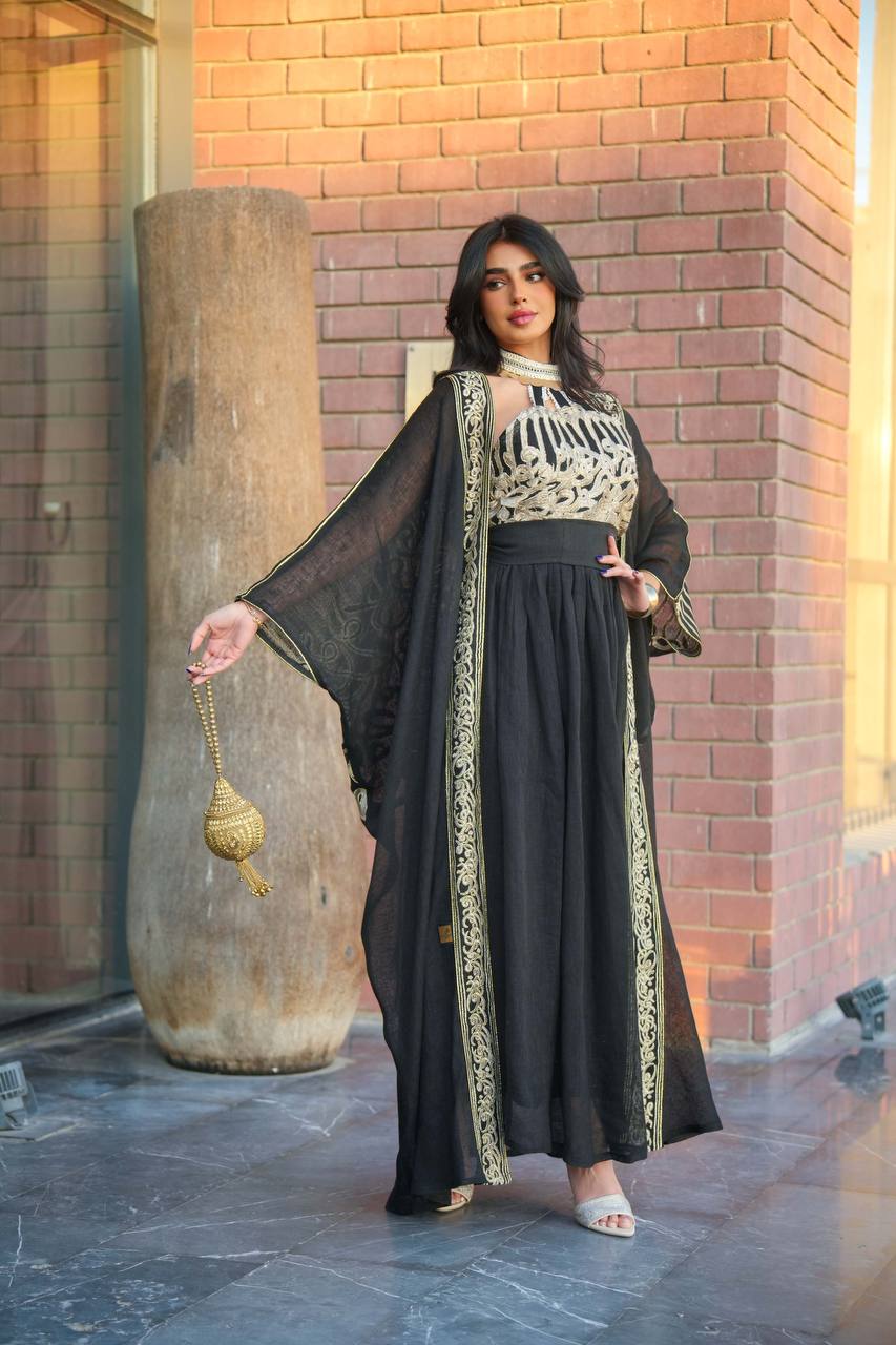 Bisht made of black hessian material with embroidery C:6601 Black