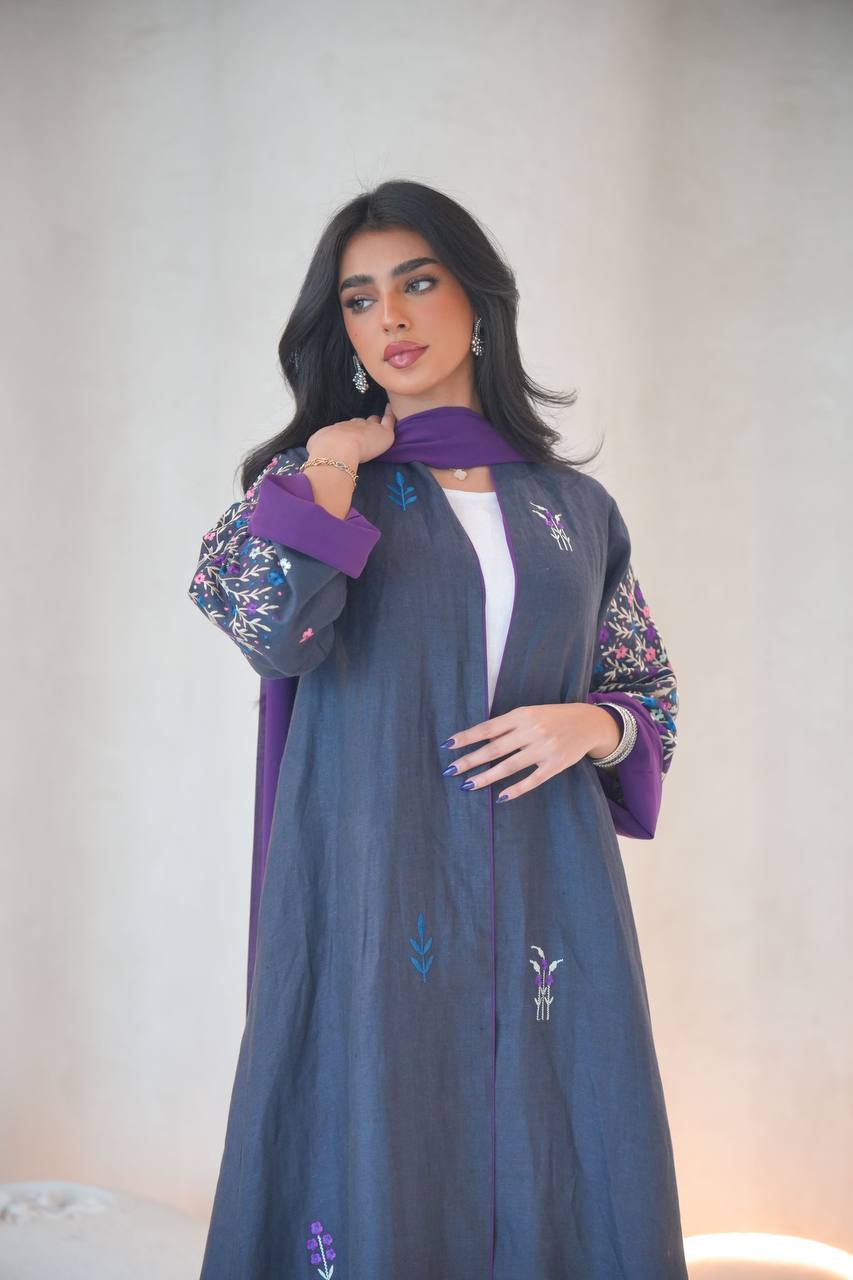 Navy linen abaya with embroidery C:6603