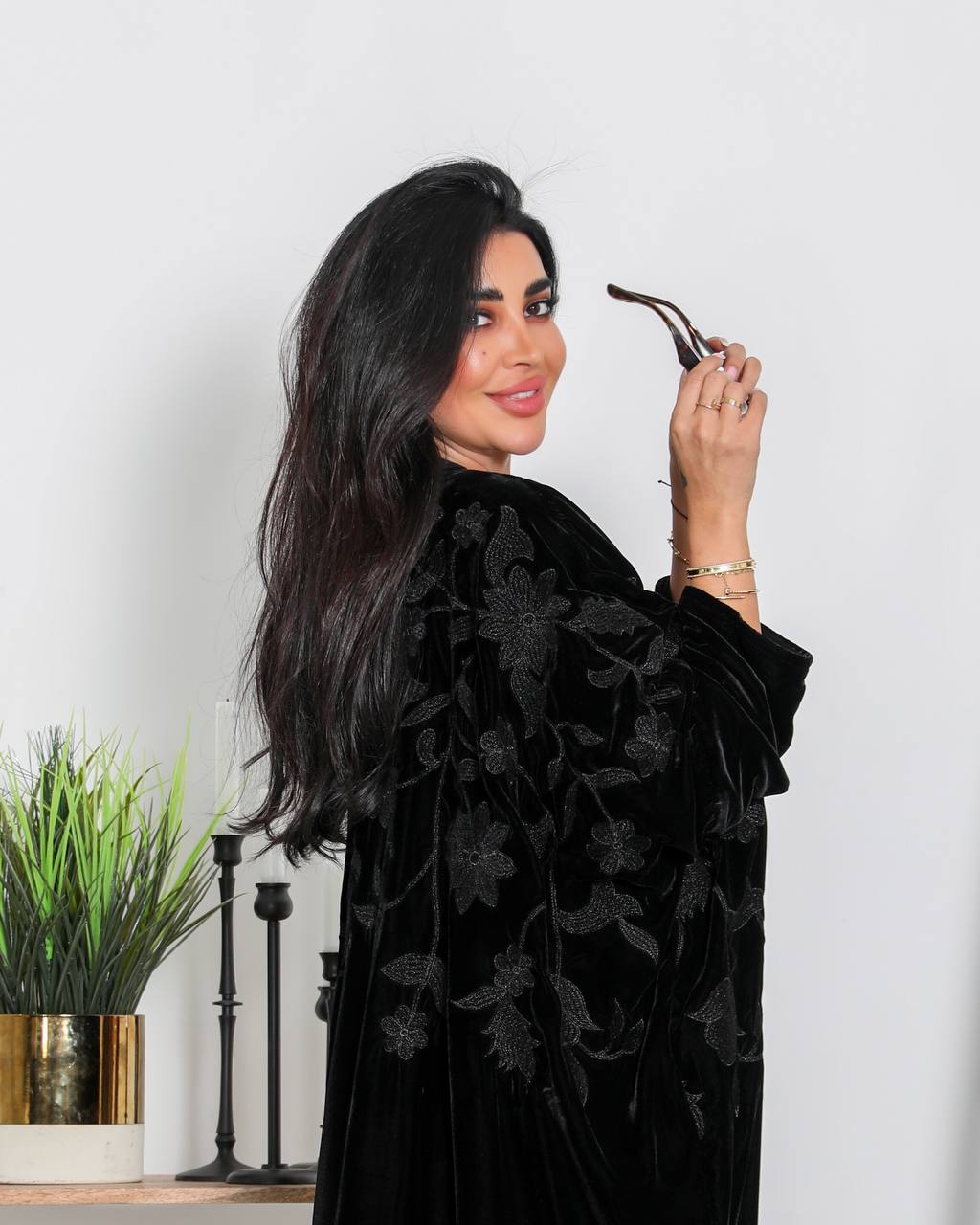 Black velvet bisht abaya with embroidery 6340 Black