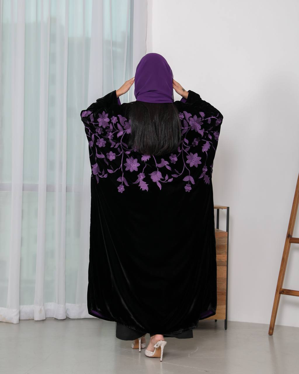 Black velvet Bisht abaya with purple embroidery 6340 purple