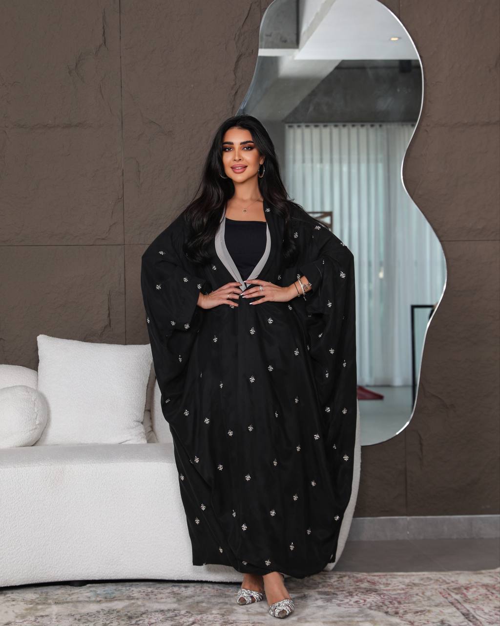 black silk crepe abaya with embroidery C:6387 (Free size)