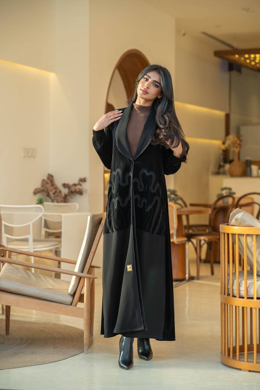 Embroidered velvet blazer abaya with crepe in black color C:6584
