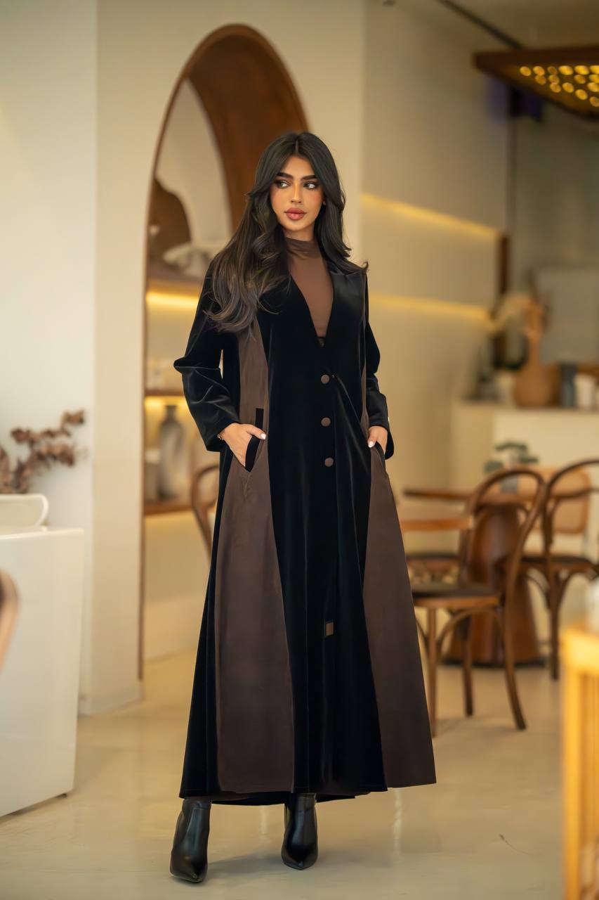 Velvet Abaya Black Crepe and Ribbed Velvet Brown C:6582 Brown